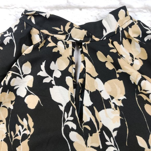 Tres Jolie womens mock neck blouse keyhole back preppy black neutral floral sz L - Picture 6 of 8